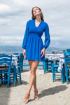 Lela V Yaka Regular Fit Gipeli Düğme Detaylı Şifon Mini Abiye Bayan Elbise 611EL01433 MAVİ
