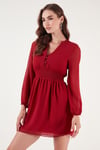 Lela V Yaka Regular Fit Gipeli Düğme Detaylı Şifon Mini Abiye Bayan Elbise 611EL01433 KIRMIZI