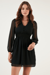 Lela V Yaka Regular Fit Gipeli Düğme Detaylı Şifon Mini Abiye Bayan Elbise 611EL01433 SİYAH