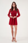 Lela V Yaka Regular Fit Gipeli Düğme Detaylı Şifon Mini Abiye Bayan Elbise 611EL01433 KIRMIZI