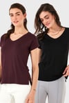 Lela V Yaka Relaxed Fit Yırtmaç Detaylı 2'li Paket Bayan Bluz 5862000S2 SİYAH-VİŞNE