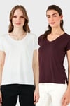 Lela V Yaka Relaxed Fit Yırtmaç Detaylı 2'li Paket Bayan Bluz 5862000S2 EKRU-VİŞNE
