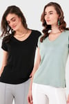Lela V Yaka Relaxed Fit Yırtmaç Detaylı 2'li Paket Bayan Bluz 5862000S2 SİYAH-ÇAĞLA