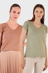 Lela V Yaka Relaxed Fit Yırtmaç Detaylı 2'li Paket Kadın Bluz 5862000S2 Olive-BİSKÜVİ