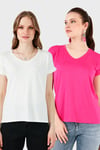 Lela V Yaka Relaxed Fit Yırtmaç Detaylı 2'li Paket Bayan Bluz 5862000S2 EKRU-FUŞYA