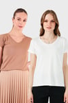 Lela V Yaka Relaxed Fit Yırtmaç Detaylı 2'li Paket Bayan Bluz 5862000S2 Ekru-Bisküvi