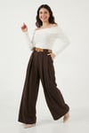 Lela Wide Leg Yüksek Bel Bol Paça Kemer Detaylı Bayan Pantolon 6923855 KAHVE