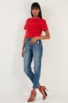 Lela Yakası Baskılı Bisiklet Yaka Basic Örme Kadın T Shirt 5864054 KIRMIZI