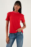 Lela Yakası Baskılı Bisiklet Yaka Basic Örme Kadın T Shirt 5864054 KIRMIZI