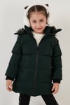 Lela Yakası Suni Kürklü Peluş Astarlı Çıkarılabilir Kapüşonlu Dar Kesim Kışlık Kız Çocuk Mont 5760002 HAKİ