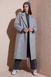 Lela Yün Karışımlı Oversize Kruvaze Yaka Yırtmaçlı Uzun Kaşe Bayan Kaban 6810235 GRİ
