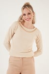 Lela Zincir Detaylı Regular Fit Bisiklet Yaka Esnek Bayan Bluz 5865347 TAŞ