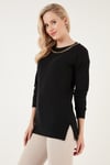 Lela Zincir Detaylı Regular Fit Bisiklet Yaka Esnek Bayan Bluz 5865347 SİYAH