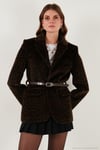 Leopar Desenli Regular Fit Kemer Detaylı Peluş Dokulu Blazer Kadın Ceket 6839614 KAHVE