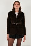 Leopar Desenli Regular Fit Kemer Detaylı Peluş Dokulu Blazer Kadın Ceket 6839614 KAHVE