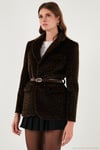 Leopar Desenli Regular Fit Kemer Detaylı Peluş Dokulu Blazer Kadın Ceket 6839614 KAHVE