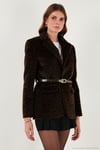 Leopar Desenli Regular Fit Kemer Detaylı Peluş Dokulu Blazer Kadın Ceket 6839614 KAHVE