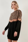 Leopar Desenli Renk Bloklu Oversize Bisiklet Yaka Kadın Tunik 5863604 SİYAH