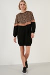 Leopar Desenli Renk Bloklu Oversize Bisiklet Yaka Kadın Tunik 5863604 SİYAH