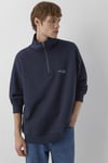 Logolu % 100 Pamuk Yarım Fermuarlı Dik Yaka Erkek Sweat 0S10678-70490 LACİVERT