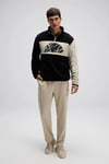 Logolu Renk Bloklu Regular Fit Yarım Fermuarlı Dik Yaka Erkek Sweat EM519-BK SİYAH