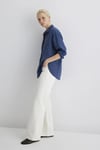 Mavi % 100 Keten Çizgili Oversize Fit Uzun Kollu Bayan Gömlek 1210748-89853 LACİVERT