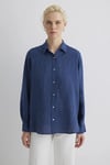 Mavi % 100 Keten Çizgili Oversize Fit Uzun Kollu Bayan Gömlek 1210748-89853 LACİVERT