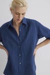 Mavi % 100 Keten Çizgili Oversize Fit Uzun Kollu Bayan Gömlek 1210748-89853 LACİVERT