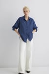Mavi % 100 Keten Çizgili Oversize Fit Uzun Kollu Bayan Gömlek 1210748-89853 LACİVERT