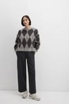 Mavi Baklava Desenli Oversize Fit Bisiklet Yaka Bayan Kazak 1710800-83096 Gri-Kahve