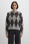 Mavi Baklava Desenli Oversize Fit Bisiklet Yaka Bayan Kazak 1710800-83096 Gri-Kahve