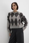 Mavi Baklava Desenli Oversize Fit Bisiklet Yaka Bayan Kazak 1710800-83096 Gri-Kahve