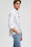 Mavi Çizgili Keten Karışımlı Slim Fit Erkek Gömlek 0210871-80018 BEYAZ-GRİ