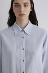 Mavi Çizgili Pamuk ve Keten Karışımlı Loose Fit Bayan Gömlek 1211096-80767 Mavi Çizgili