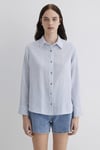 Mavi Çizgili Pamuk ve Keten Karışımlı Loose Fit Bayan Gömlek 1211096-80767 Mavi Çizgili