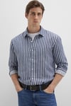 Mavi Keten Ve Pamuklu Slim Fit Uzun Kollu Çizgili Erkek Gömlek 0211698-90917 LACİVERT-BEYAZ
