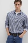 Mavi Keten Ve Pamuklu Slim Fit Uzun Kollu Çizgili Erkek Gömlek 0211698-90917 LACİVERT-BEYAZ