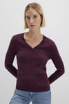 Mavi Slim Fit V Yaka Örgü Desen Triko Bayan Kazak 1710340-87830 VİŞNE