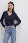 Mavi Slim Fit V Yaka Örgü Desen Triko Bayan Kazak 1710340-84371 LACİVERT