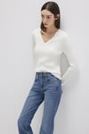 Mavi Slim Fit V Yaka Örgü Desenli Triko Bayan Kazak 1710340-70057 KREM