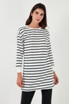Modest Çizgili Pamuklu Regular Fit Bisiklet Yaka Kadın Tunik 5865784 BEYAZ