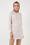 Modest Çizgili Pamuklu Regular Fit Bisiklet Yaka Kadın Tunik 5865784 BİSKÜVİ