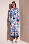 Modest Desenli Regular Fit Bağlamalı V Yaka Maxi Kadın Elbise 611EL510 LACİVERT