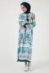 Modest Desenli Regular Fit Bağlamalı V Yaka Maxi Kadın Elbise 611EL510 YEŞİL