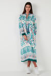 Modest Desenli Regular Fit Bağlamalı V Yaka Maxi Kadın Elbise 611EL510 YEŞİL