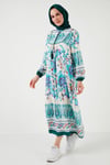 Modest Desenli Regular Fit Bağlamalı V Yaka Maxi Kadın Elbise 611EL510 YEŞİL