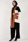 Modest Regular Fit Renk Bloklu Uzun Tesettür Triko Kadın Hırka 4616172 TOPRAK