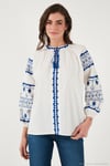 Nakış İşlemeli Pamuklu Oversize Fit Bağlamalı V Yaka Kadın Bluz 676271 EKRU