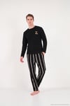 Nakışlı Çizgili Bisiklet Yaka Yumuşak Dokulu Polar Erkek Pijama Takımı 6097043 SİYAH