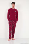 Nakışlı Ekoseli Yumuşak Dokulu Uzun Kollu Polar Erkek Pijama Takımı 6097059E BORDO